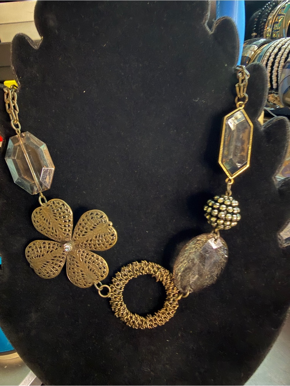 Mixed Media Statement Necklace Filigree Flower Antique Gold Tone - Unbranded